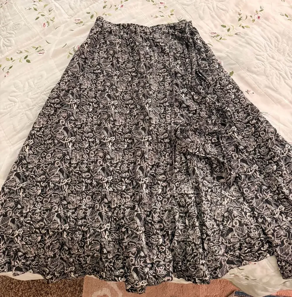 Free People Black and White Floral Print Wrap Midi Skirt